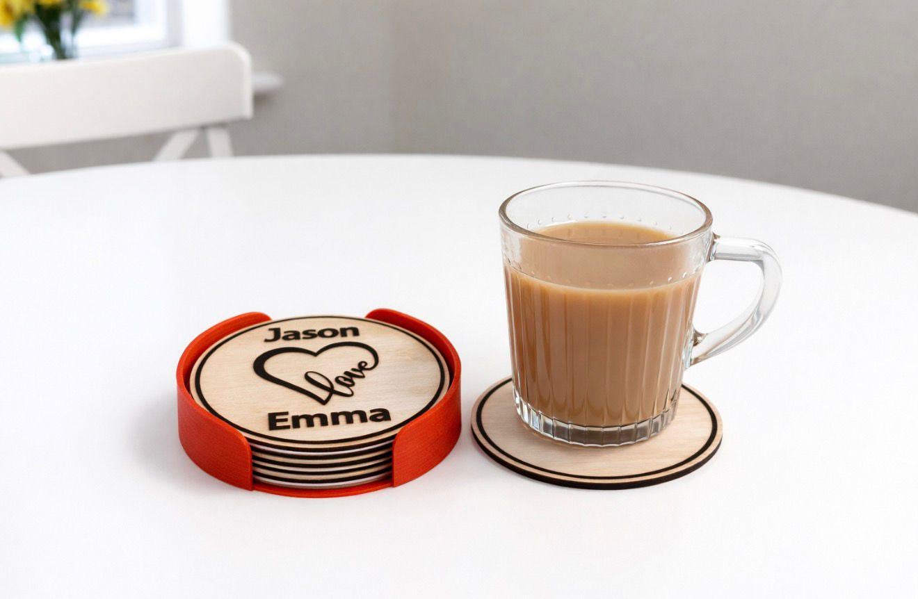 Personalised Couple’s Coaster Set with Holder – Custom Couple Name Gift, Romantic Wooden Coasters