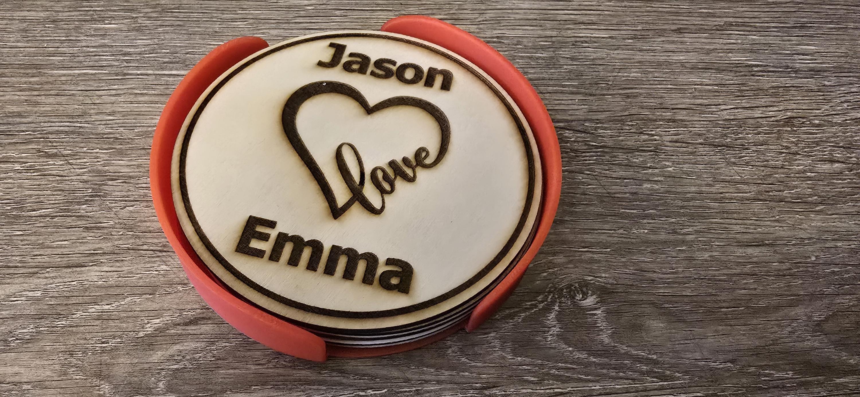 Personalised Couple’s Coaster Set with Holder – Custom Couple Name Gift, Romantic Wooden Coasters